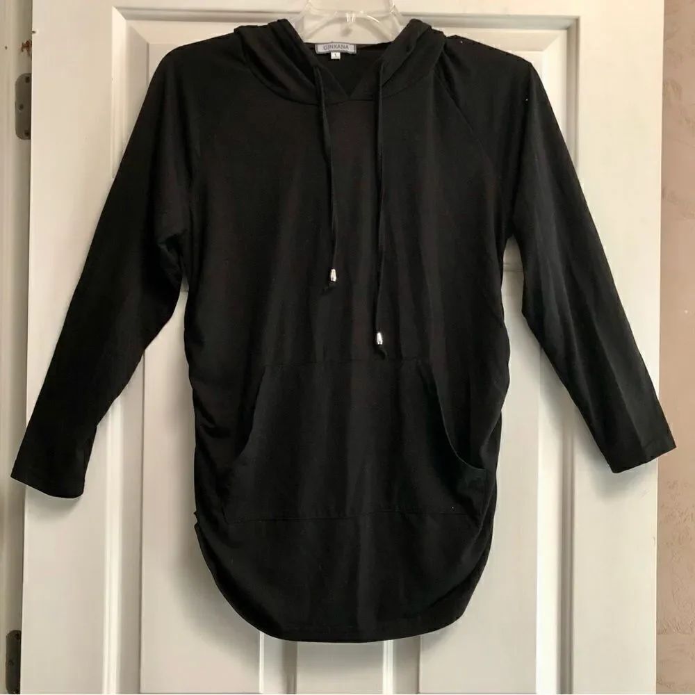Ginkana Women’s Black Hooded Maternity Top with Front Pockets Size Large